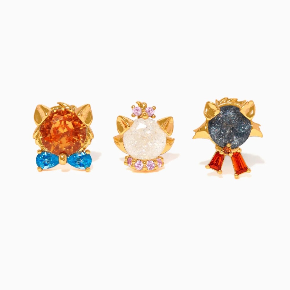 Disney Aristocats Gold Cat Earrings Studs Set with Gemstones